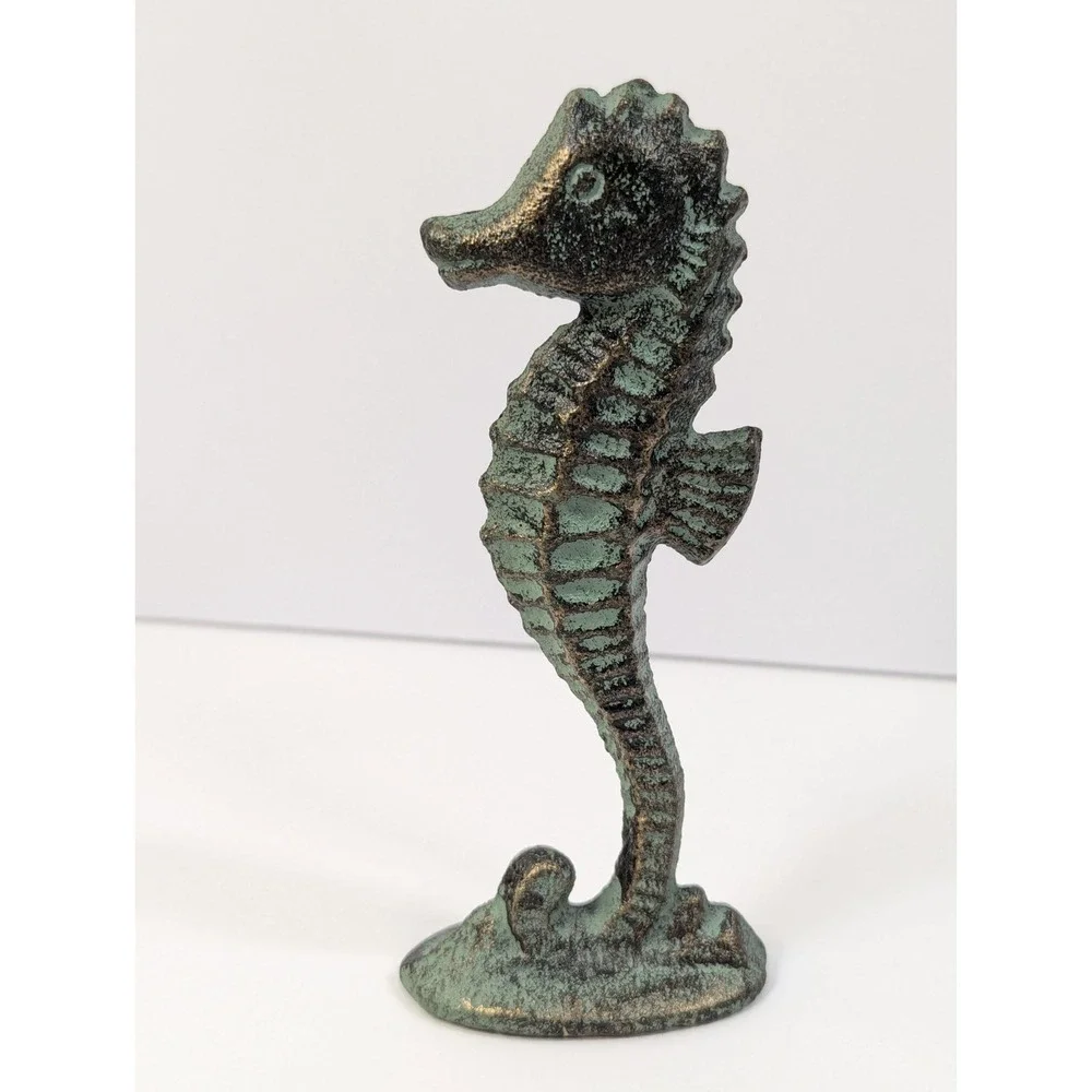 Cast Iron Seahorse Figurine / Statue, Verdigris Patina, Nautical Decor -‎ 5 1/2
